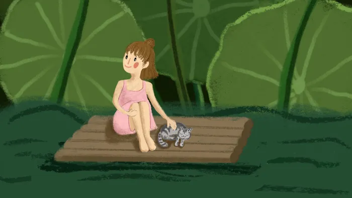 大暑盛夏荷叶下的女孩和猫咪(2880*1620px 300 dpi )psd模版下载