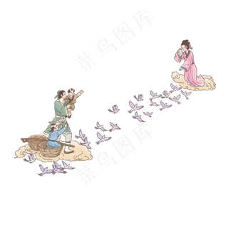手绘中国古代神话传说牛郎织女鹊,免抠元素