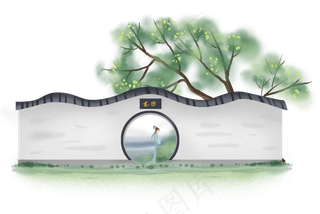 中国风庭院里的女孩,免抠元素