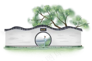 中国风庭院里的女孩,免抠元素