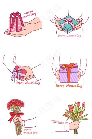 妇女节手拿礼盒和鲜花插图组图PNG,免抠元素
