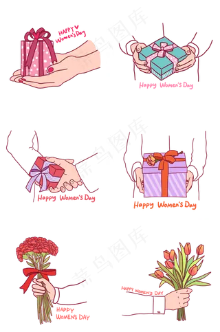 妇女节手拿礼盒和鲜花插图组图PNG,免抠元素