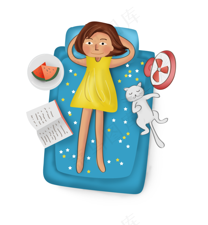 大暑吹风扇吃西瓜的女孩