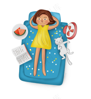 大暑吹风扇吃西瓜的女孩