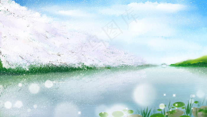 湖边美丽的樱花树林