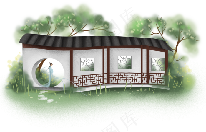 中国风春天庭院仕女,免抠元素
