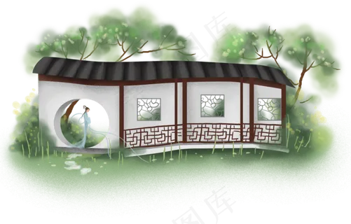 中国风春天庭院仕女,免抠元素