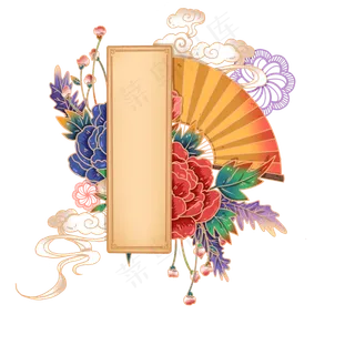 国潮牡丹扇子节日主题装饰,免抠元素