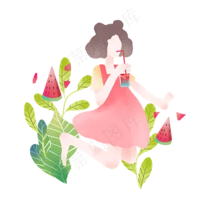 立夏喝西瓜汁女孩