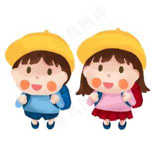 春季开学路上的学生卡通手绘素材,免抠元素