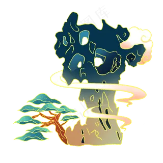 新中式国潮风假山祥云植物