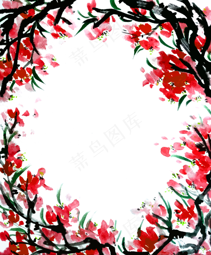 国画红色红梅红花春天海棠装饰边