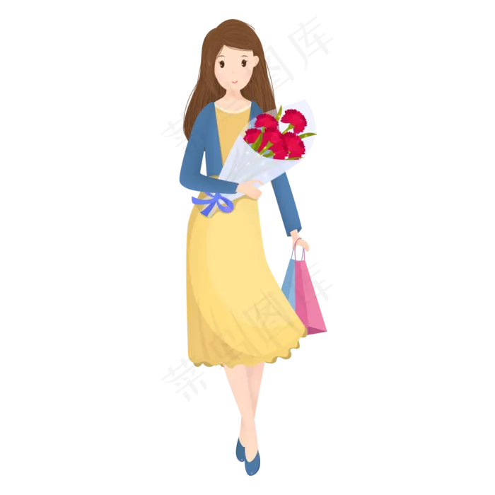 38妇女节母亲节手持花束逛街,免抠元素(2000X2000(DPI:300))psd模版下载