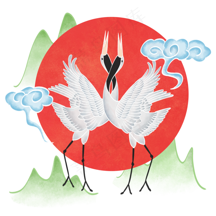 中国仙鹤丹顶鹤对称中国风