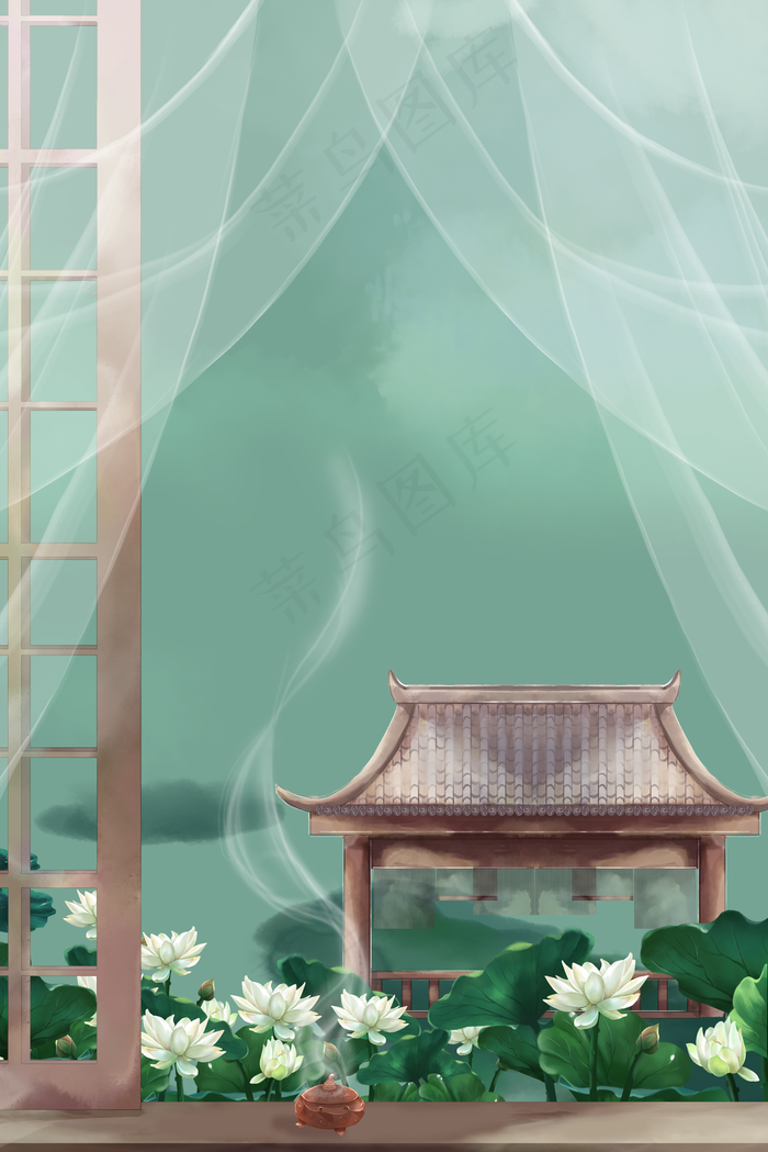 夏日凉亭山水荷花古风建筑夏季风景