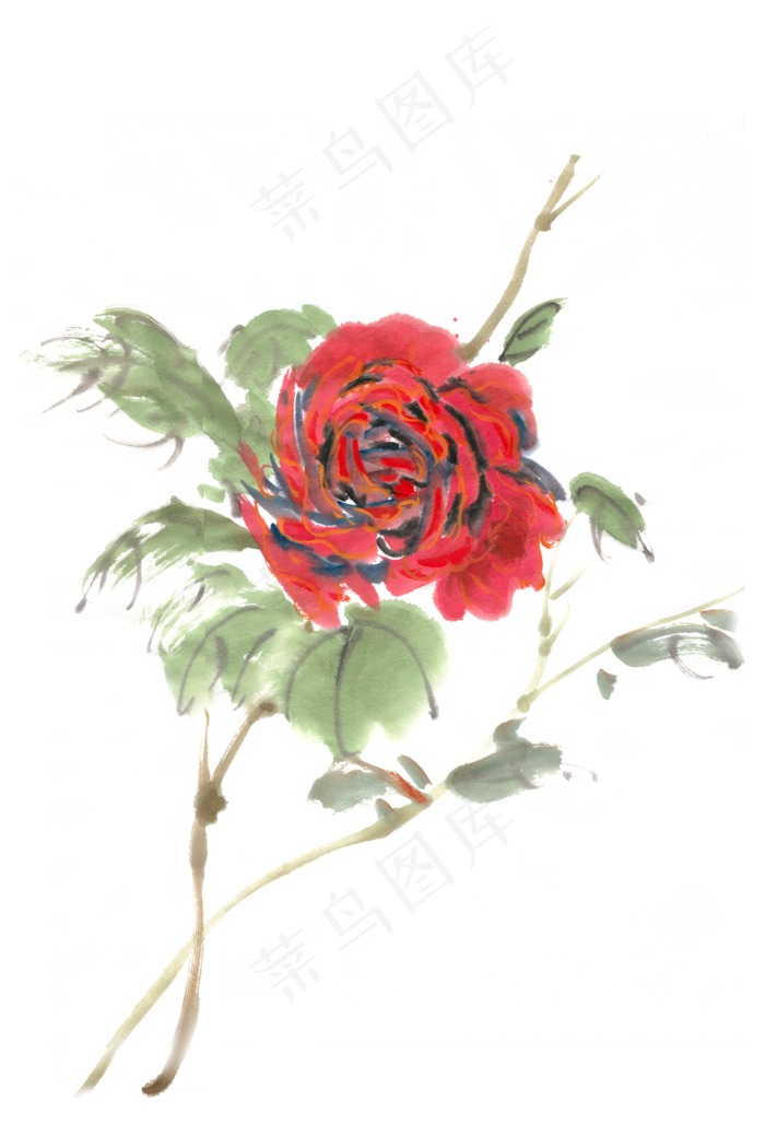 红色玫瑰水墨画PNG免抠素材