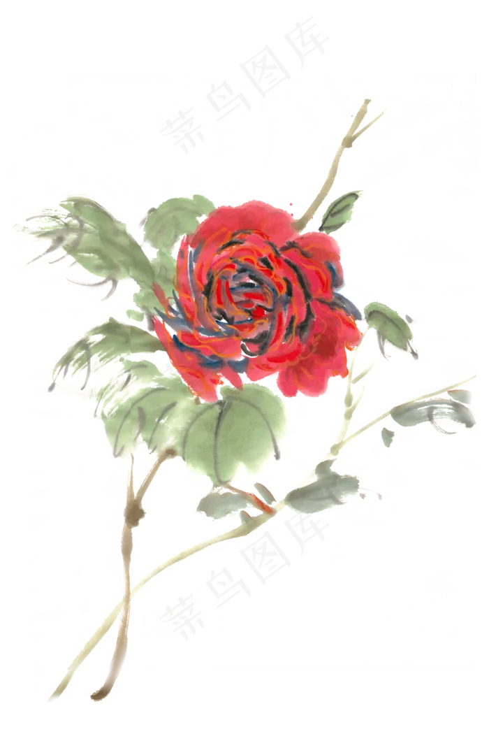 红色玫瑰水墨画PNG免抠素材(4724X7087(DPI:300))psd模版下载