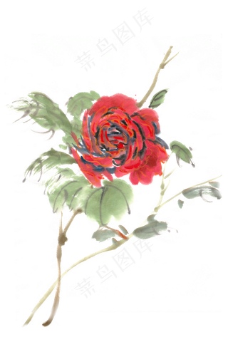 红色玫瑰水墨画PNG免抠素材