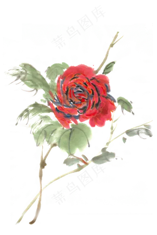 红色玫瑰水墨画PNG免抠素材