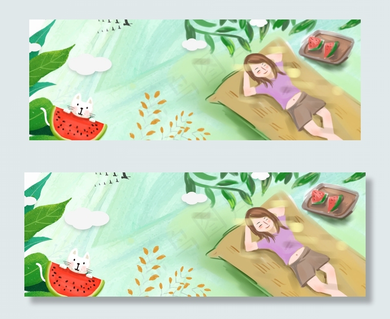 夏天女孩树下乘凉吃西瓜banner(1920*700px 	       )psd模版下载