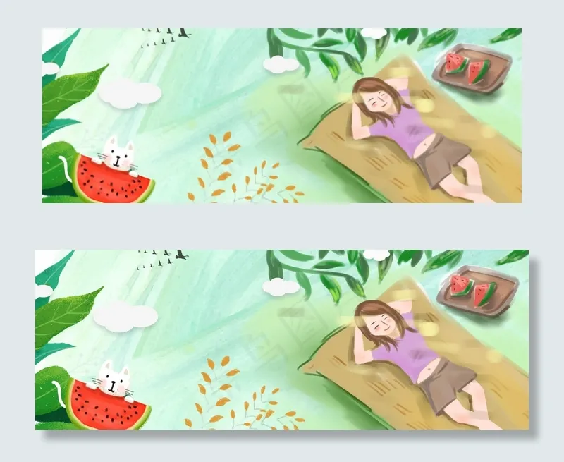 夏天女孩树下乘凉吃西瓜banner(1920*700px 	       )psd模版下载