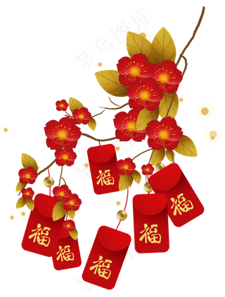 农历新年梅花树上的福袋,免抠元素