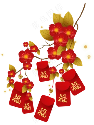 农历新年梅花树上的福袋,免抠元素