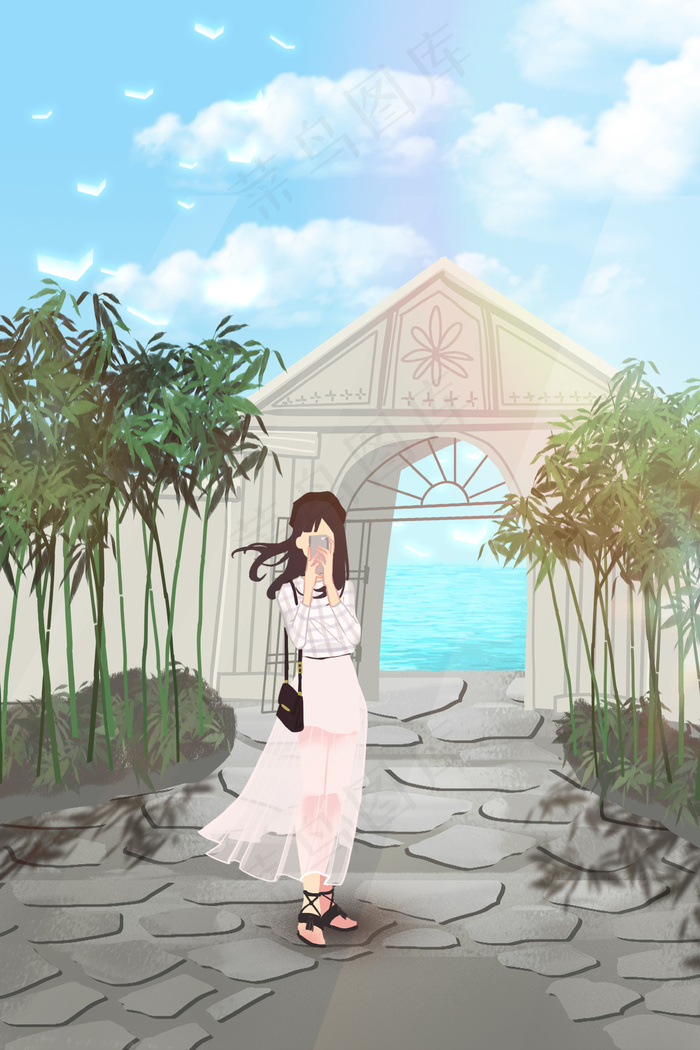 夏天旅游女孩拍照(3545*5315px 300 dpi )psd模版下载