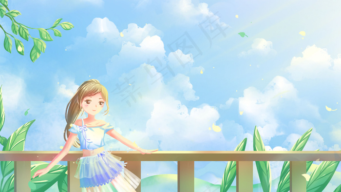蓝色唯美卡通治愈小清新夏季风景配图