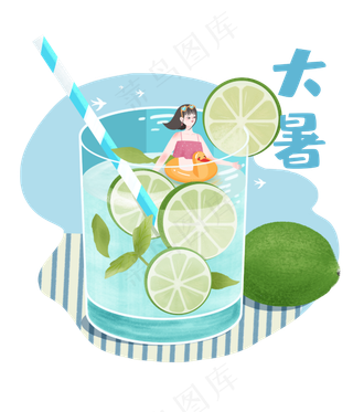 大暑节气柠檬冷饮消夏少女,免抠元素