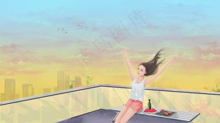 夏天喝啤酒吃西瓜炸鸡时尚女孩