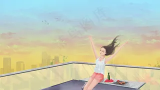 夏天喝啤酒吃西瓜炸鸡时尚女孩