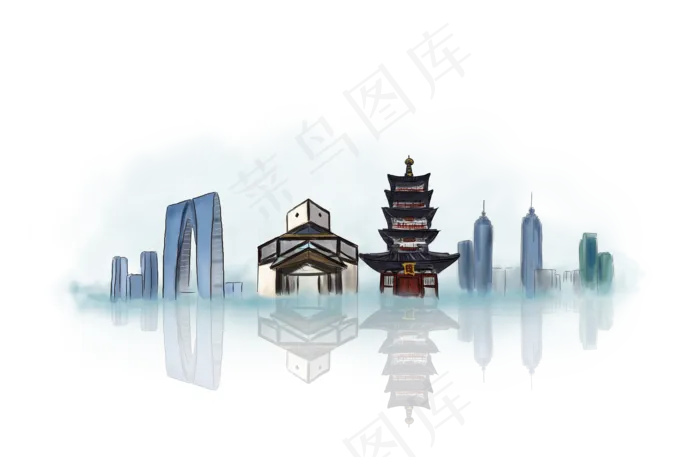 手绘苏州地标建筑,免抠元素(3543*2313px 300 dpi )psd模版下载
