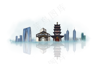 手绘苏州地标建筑,免抠元素