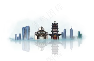 手绘苏州地标建筑,免抠元素