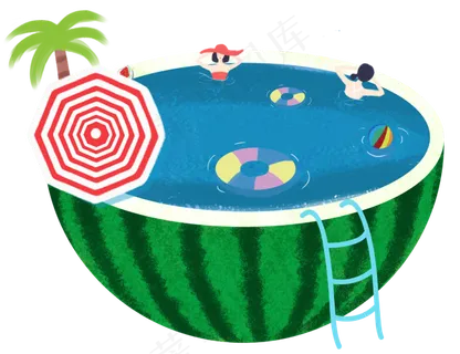 手绘夏天西瓜泳池元素 手绘夏天西瓜泳池元素
