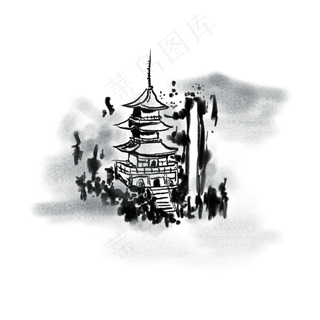 水墨写意山水国画白塔绘画