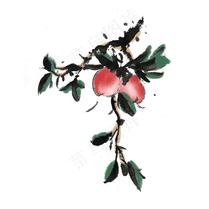 新鲜水果桃子手绘水墨风(4000X4000(DPI:300))psd模版下载