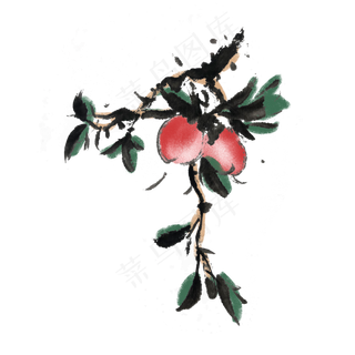 新鲜水果桃子手绘水墨风