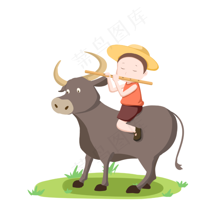 清明节牧童青草手绘插画,免抠元素