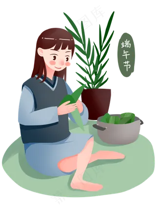 端午节包粽子的女孩