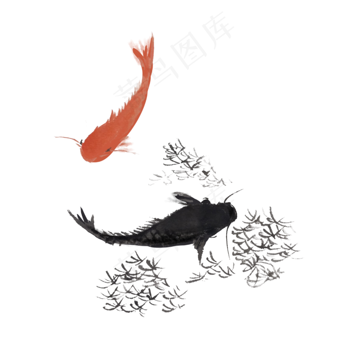 水墨夏季鱼手绘素材