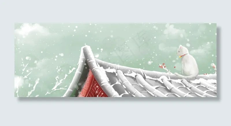 大寒冬季下雪蓝色房顶猫咪banner(1920*700px 	       )psd模版下载