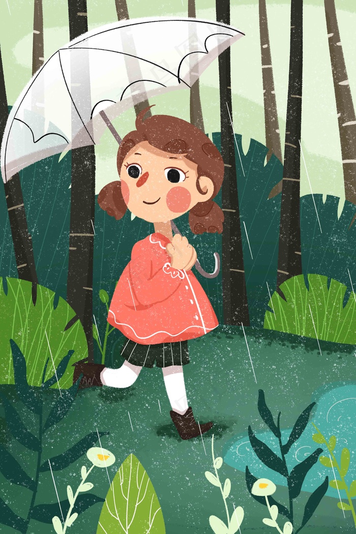 春天清明谷雨打伞下雨森林绿色植物女孩(3545X5315(DPI:300))psd模版下载