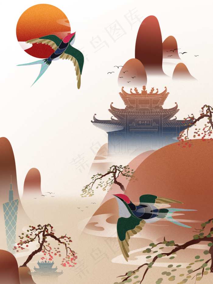 中国山水中国风风景古代楼阁(3000X4000(DPI:300))psd模版下载