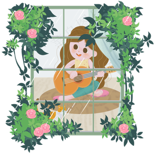 谷雨在窗边弹吉他的小女孩