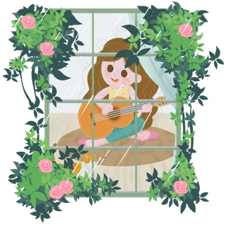 谷雨在窗边弹吉他的小女孩