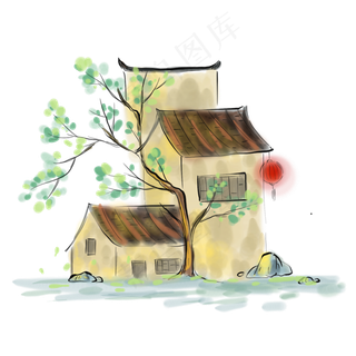 中国风春天水乡房屋,免抠元素