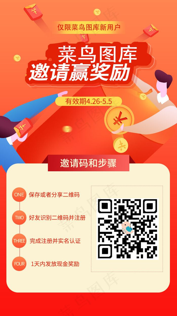 红色红包二维码邀请好友活动步骤(750X1334(DPI:72))psd模版下载