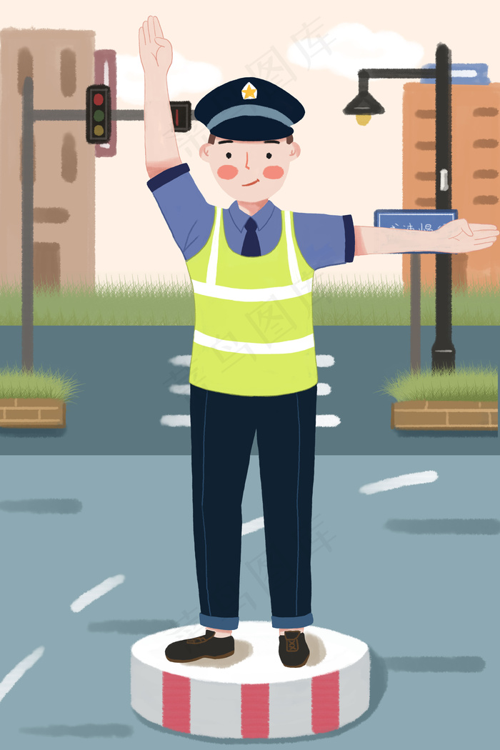 手绘小清新职业人物交警插画